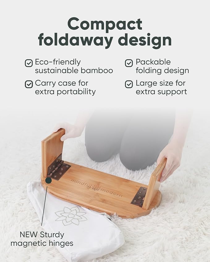 Mindful Modern Folding Meditation Bench - Bamboo Kneeling Stool with Locking Magnetic Hinges - Portable Cross Legged Folding Seiza Chair w/Travel Bag