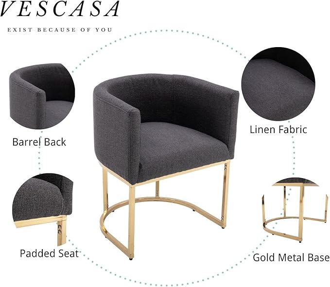 VESCASA Linen Upholstered Dining Chairs with Barrel Back, Mid Century Modern Padded Restaurant Chairs with Gold Metal Frame for Kitchen, Dining Room, Set of 6, Charcoal