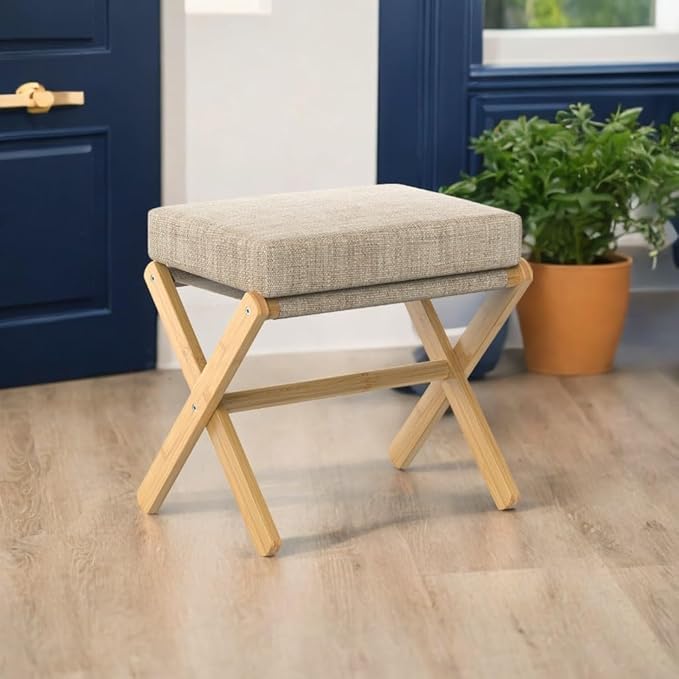 Foldable Foot Stool Ottoman, Modern Foot Rest with Bamboo X Legs & Thick Foam Cushion, Folding Foot Stools Small Padded for Bedroom Living Room, Footstool for Chair Couch (Natural - Brown)