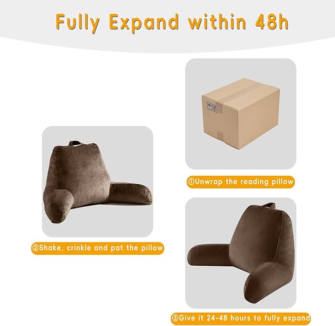 OAISZ Reading Pillow for Sitting in Bed Adult, Reading Pillow with Shredded Memory Foam, Back Pillow for Sitting Up with Extend Arms, Pockets, Bed Pillow with Washable Cover,Brown, X-Large