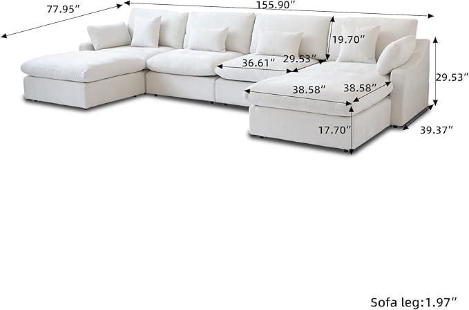 Cloud Couch Modular Sectional Sofa,156" U Shaped Large Down Filled Convertible Modular Sofa Couch with Ottomans for Living Room Set,Covers Washable&Replaceable(White)