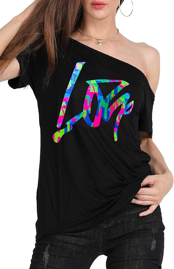MAGICMK Women’s Short Lips Print Causal Off The Shoulder Plus Size T-Shirt Tops