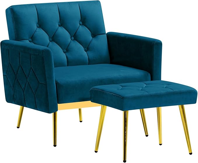 ACMEASE Velvet Accent Chair w/Adjustable Armrests and Backrests, Tufted Single Sofa with Ottoman, Upholstered Reading Chiar for Living Room, Apartment, Bedroom, Teal