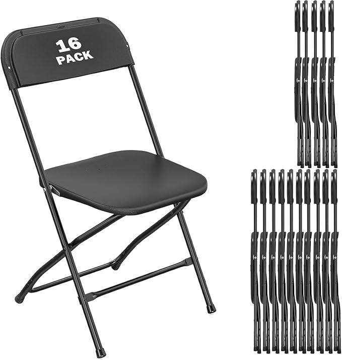 16 Pack Black Plastic Folding Chair, Indoor Outdoor Portable Stackable Commercial Seat with Steel Frame 350lb. Capacity for Events Office Wedding Party Picnic Kitchen Dining