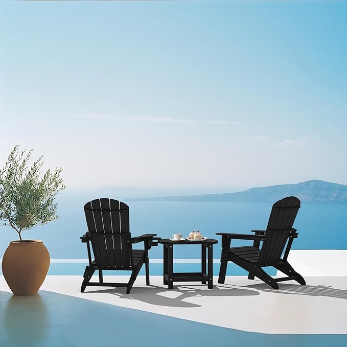 Plawdlik Folding Adirondack Chair, SGS Tested, Wooden Textured with Cup Holder, Heavy All-Weather HDPE Comfortable Set Poolside Backyard Lawn Black