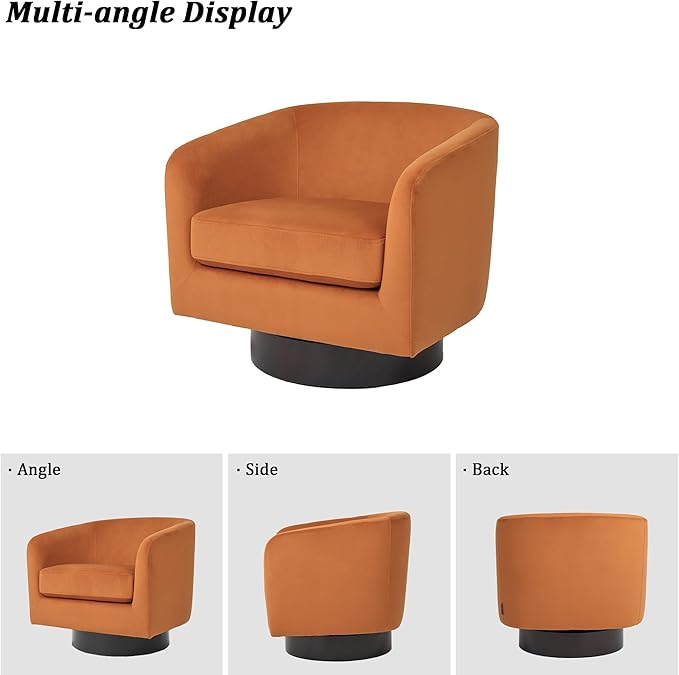 Swivel Barrel Chair, Modern Round PU Leather Accent Armchair for Living Room, Bedroom, Oversized Comfy Club Reading Chairs for Adults (Velvet Orange, Set of 1)