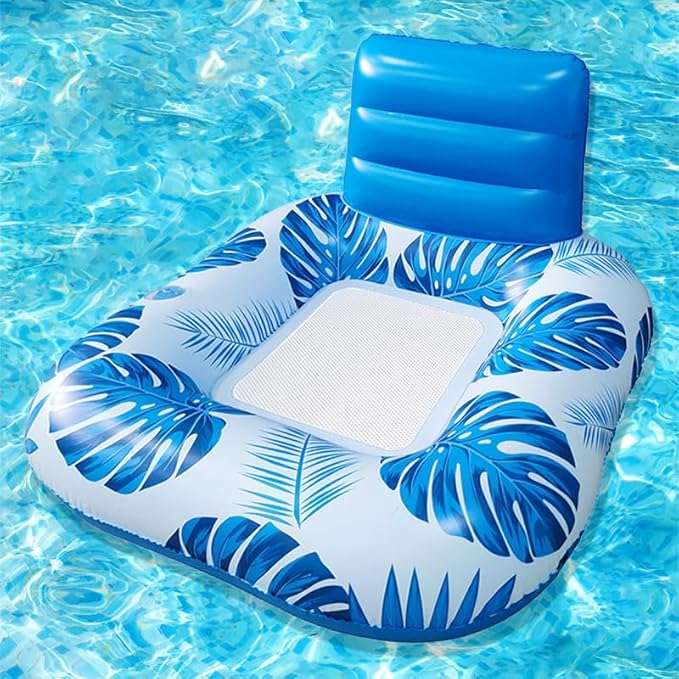 Pool Zing Square Inflatable Pool Lounger with Backrest (Two Pack), Tropical Palm Leaf Float for Adults, Relaxing Pool Raft with Cooling Mesh Seat
