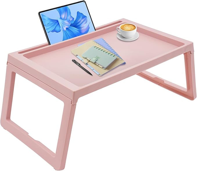 DUSNDULR 6 Pack Bed Tray Table, Foldable Laptop Desk Cute Serving Food Trays with Folding Legs & Charging Hole for Eating Reading Working (Pink)