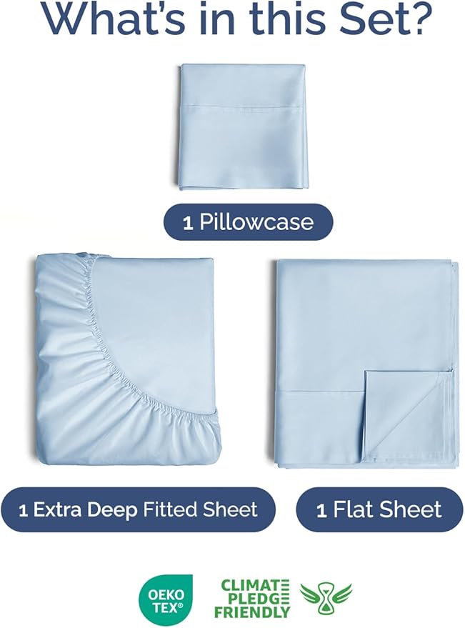 Extra Deep Pocket Twin Sheets - 3 Piece Breathable & Cooling Bed Sheets - Hotel Luxury Bed Sheet Set - Soft, Wrinkle Free & Comfy - Easily Fits Extra Deep Mattresses - Deep Pocket Sky Blue Sheets Set