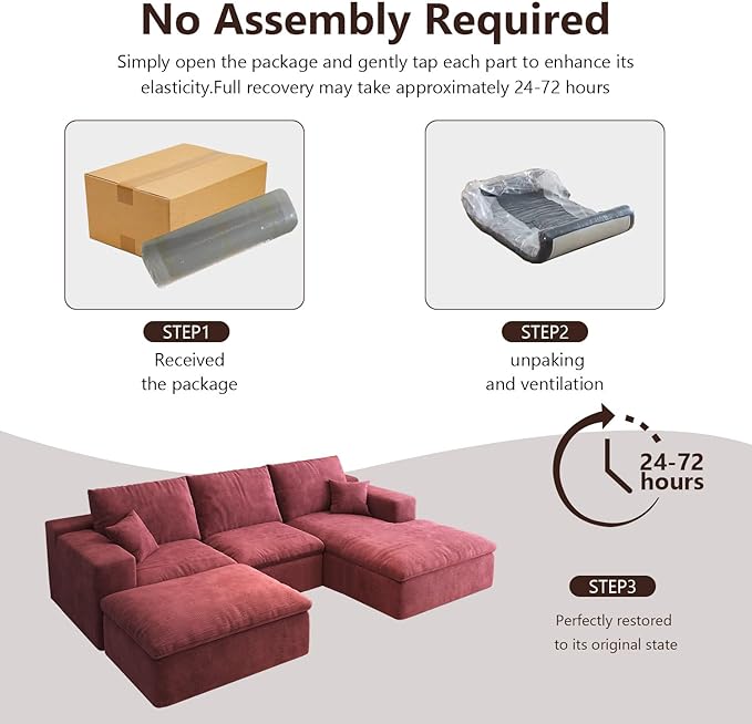 107'' U-Shaped Modern Modular Sectional Cloud Couch Whit Ottoman, 4-Seat Chenille Deep-Seat Sofa with Pillow for Living Room, Bedroom, Apartment, Wine Red