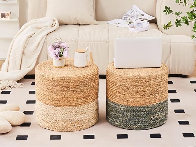 Wimarsbon 18'' Ottoman Pouf, Natural Braided Poof, Rustic Handweave Lounge Pouffe, Boho Footrest Stool for Bedroom, Accent Table or Seat for Living Room (Dusty Blue)