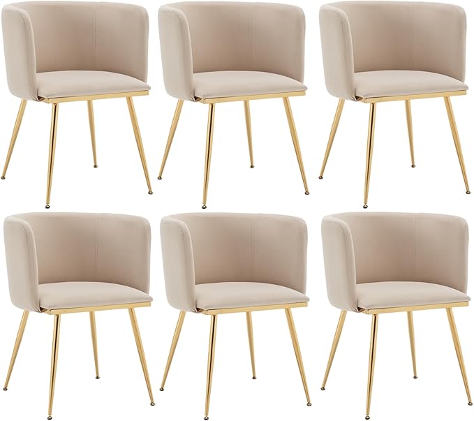 Canxkun Velvet Dining Chairs Set of 6, Barrel Dining Chairs with Gold Metal Legs, Modern Upholstered Dining Room Chair for Dining Room, Kitchen, Vanity (Beige)