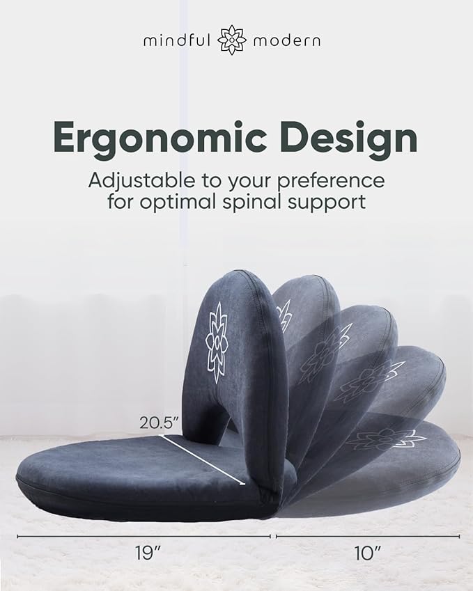 Mindful Modern Meditation Chair | Adjustable Floor Chair with Back Support | Padded Floor Seat for Posture Support and Comfort | Portable Folds Flat for Storage | Indoor/Outdoor Use | Stone Black