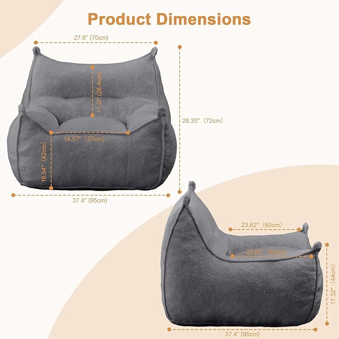 Giant Bean Bag Chair for Adults, Comfy Grey Beanbag with Filling Plush Fluffy and Back Support, Lounge Lazy Floor Sofa Accent Chair, Cozy Single Cloud Couch for Living Room, Bedroom & Dorm