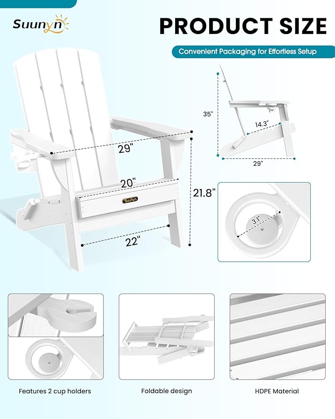 Folding Adirondack Chair 2 Pack, HDPE All-Weather Fire Pit Chairs, Plastic Adirondack Chairs with 2 Cup Holder, Outdoor Lawn Chair for Patio Garden (White)