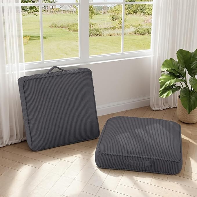 PRIMEPATIO Floor Pillow for Adults Set of 2, 4" Square Floor Cushions with Washable Cover, Large Corduroy Meditation Pillow, 24 inches Tatami Seat with Handle for Living Room or Yoga, Dark Grey