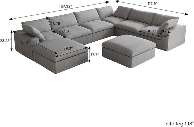 8 Seater Cloud Sectional Couch, Oversize Modular Sofa, Modern Comfy Cloud Sofa with Storage Ottomans, Covers Removable, Convertible Sleeper Couch for Living Room Apartment (Light Grey, Linen Fabric)