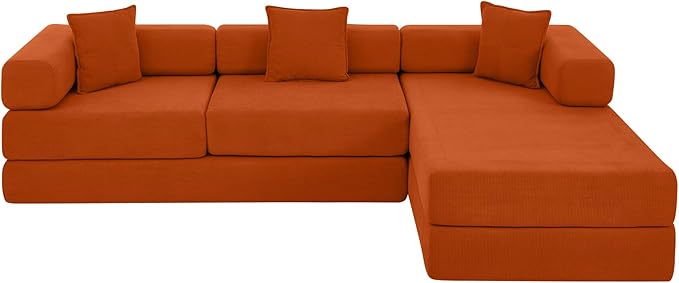 108" Convertible Sleeper Sofa Bed, Corduroy Folding Sofa Bed with Fixed-Shape Frame, Fold Out Floor Mattress Couch, Lazy Compression Sofas for Living Room, Bedroom, No Assembly Required,Orange