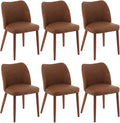 ElfinAura Dining Chair Set of 6, Leather Upholstered Dining Chair with Wood Legs, Wing Backrest, Wooden Kitchen Chair, Kitchen Chairs with Thick Cushions for Dining Room, Living Room, Brown