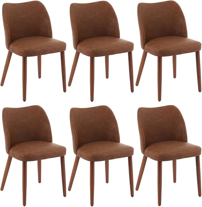 ElfinAura Dining Chair Set of 6, Leather Upholstered Dining Chair with Wood Legs, Wing Backrest, Wooden Kitchen Chair, Kitchen Chairs with Thick Cushions for Dining Room, Living Room, Brown