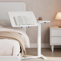 Solid Wood Overbed Bedside Table with Wheels, Tilting Adjustable Hospital Bed Table Over The Bed, Medical Mobile Laptop Stand, Rolling Standing Desk for Hospital and Home Use（White）