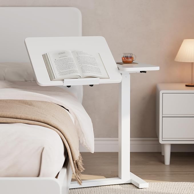 Solid Wood Overbed Bedside Table with Wheels, Tilting Adjustable Hospital Bed Table Over The Bed, Medical Mobile Laptop Stand, Rolling Standing Desk for Hospital and Home Use（White）