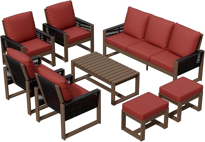 INTER HUT Rustic Hideaway Natural Cedar Wood Outdoor Furniture Set, Wicker Patio Conversation Set for Porch Garden Backyard, Couch, 4 Patio Chairs, Coffee Table and 2 Ottomans, 8 Piece, Brownish/Red