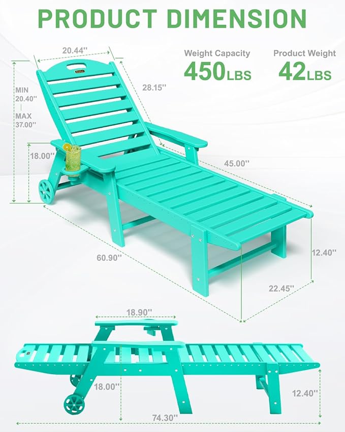 Lounge Chair Outdoor, Chaise Lounge Outdoor, HDPE 6-Position Lounge Chair for Outside, Patio Lounge Chair with Wheels & Cup Holder for Pool Poolside Deck Backyard, Lake Blue