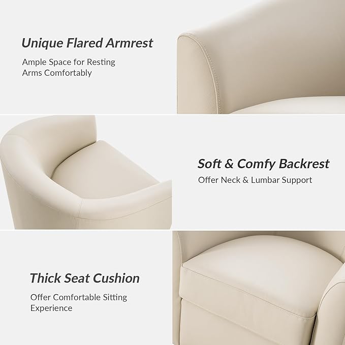 HULALA HOME Genuine Leather Swivel Accent Chairs Set of 2 with Solid Wood Base, Round Swivel Barrel Chairs for Living Room and Bedroom, No Assembly Required, Beige