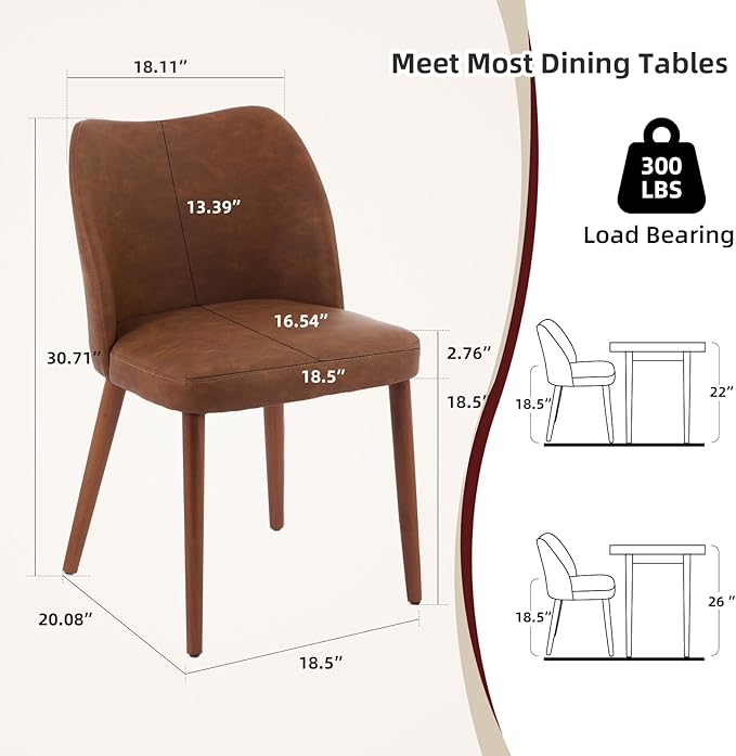 ElfinAura Dining Chair Set of 2, Leather Upholstered Dining Chair with Wood Legs, Wing Backrest, Wooden Kitchen Chair, Kitchen Chairs with Thick Cushions for Dining Room, Living Room, Brown