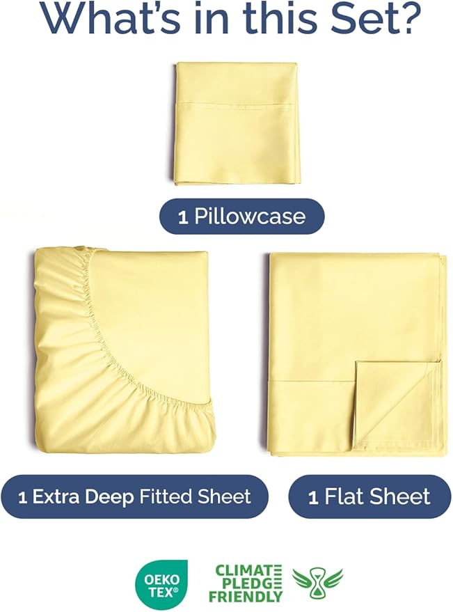 Extra Deep Pocket Twin Sheets - 3 Piece Breathable & Cooling Bed Sheets - Hotel Luxury Bed Sheet Set - Soft, Wrinkle Free & Comfy - Easily Fits Extra Deep Mattresses - Deep Pocket Yellow Sheets Set