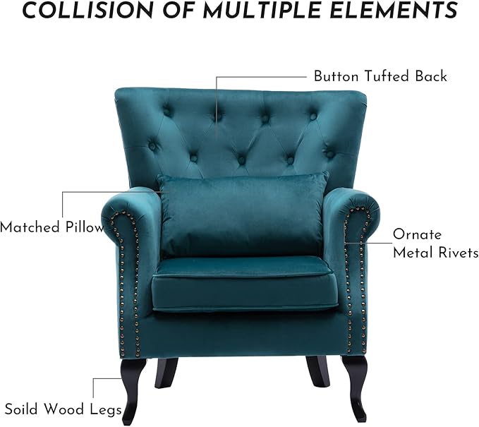 LZAREAL Accent Reading Arm Chairs for Living Room Bedroom, Midcentury Modern Comfy Corner Sofa Chair, Wingback Waiting Room Club Chair with Button Tufted Back &Lumbar Pillow, Velvet Teal