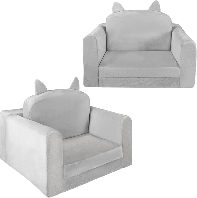 ORWIPO Kids Sofa Bed with Removable Washable Cover & Backrest – Foldable Toddler Chair, Cozy Crystal Velvet Furniture for Playtime, Naps & Travel (Gray, Bear Design)