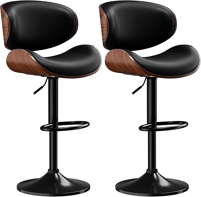 Aowos Bar Stools Set of 2, Adjustable Swivel Leather Bar Stools for Kitchen Island, Mid Century Modern Counter Height Bar Chairs Barstools with Back & Footrest (Black)