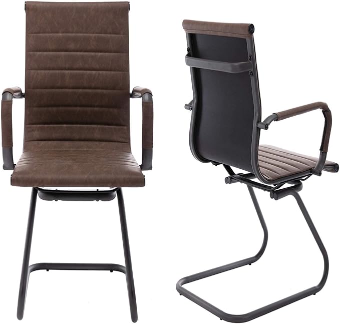 DM Furniture Office Desk Chair No Wheels Set of 6 PU Leather Computer Chairs Mid Back Guest Chairs for School Reception Conference Waiting Room, Vintage Brown