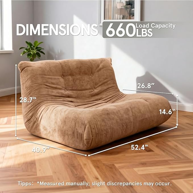 Sytopia Loveseat Bean Bag Chair, Oversized Reading Chair for Adults Ultra-Comfy, Corner Floor Sofa 40D Foam, Togo Sofa Furniture for Living Room Bedroom Gaming, Cashmere Beige