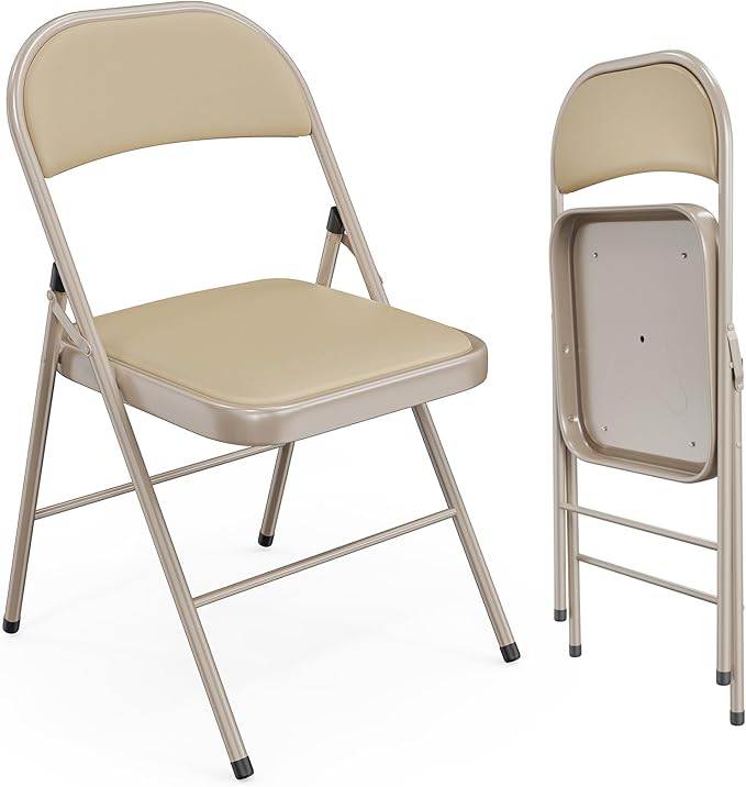 VINGLI 2 Pack Folding Chairs with Padded Seats, Metal Frame with Pu Leather Seat & Back, Capacity 350 lbs, Set of 2, Khaki