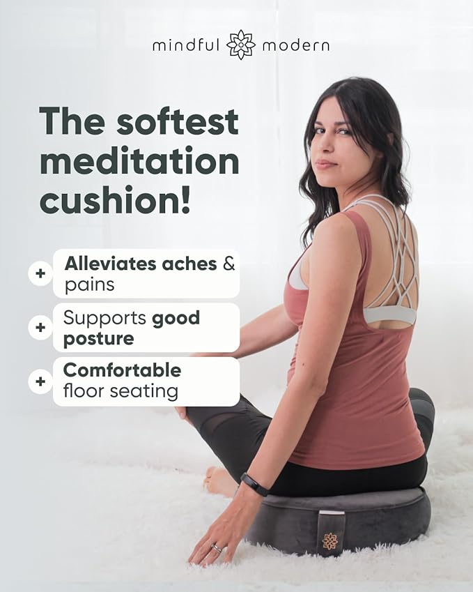 Mindful Modern Velvet Meditation Cushion | Luxe Zafu Yoga Floor Pillow Seat | Posture Support | Buckwheat Hull Filled | Large Round Cushion with Removable Washable Cover + Carry Handle