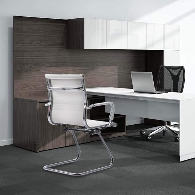DM Furniture Reception Chairs Leather Conference Chairs No Wheels Back Support Heavy Duty Office Guest Chair, Set of 2 (White)