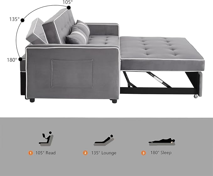 3 in 1 Convertible Loveseat Sleeper Sofa, Modern Futon Couch with Adjustable Backrest, Pull Out Sofa Bed Upholstered for Living Room Bedroom Apartment Small Space (Grey)