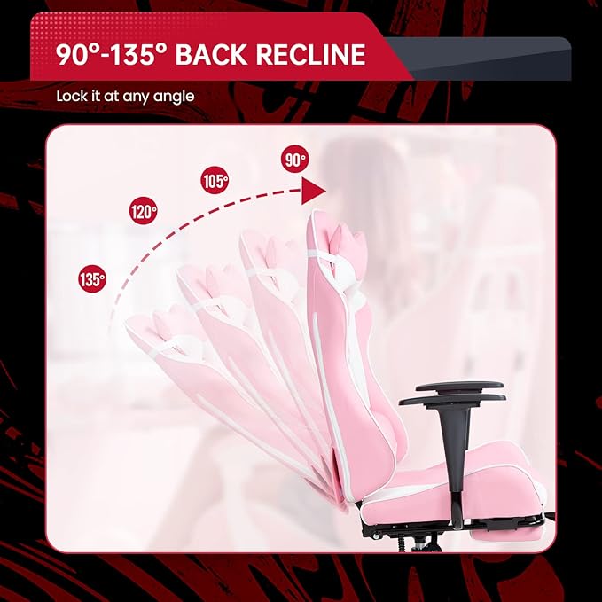 BestOffice | Ergonomic Gaming Chair | Pink | Reclining Computer Chair with Lumbar Support, Headrest Pillow, Adjustable Footrests | 360 Swivel with Heavy Duty Wheels | for Home & Office