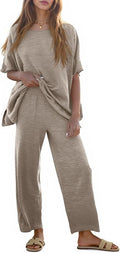 Tankaneo Women's 2 Piece Travel Outfits Casual Short Sleeve Knit Sweater Set Wide Leg Pants Lounge Sets Tracksuit