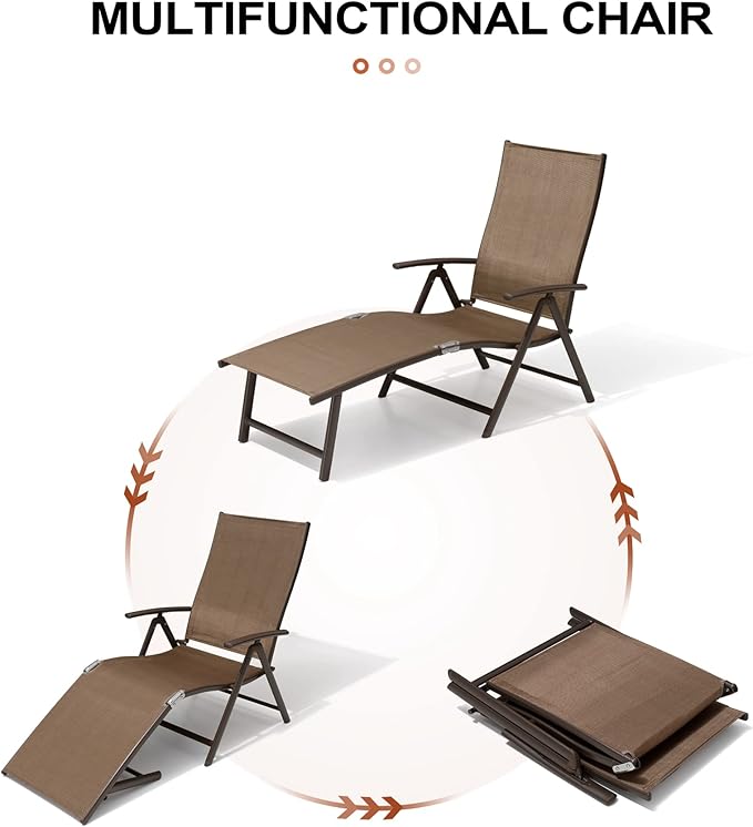 Crestlive Products Chaise Lounge Chair Outdoor Set of 2, Aluminum Folding Patio Recliner Chair, Adjustable 8 Positions Assemble-Free Perfect for Beach, Yard, Pool, Deck