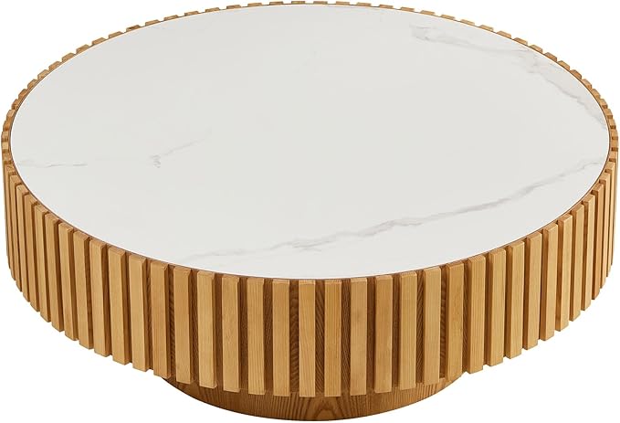 35.43''/90CM Modern Drum Coffee Table, Luxury Circle Wood Coffee Table for Apartment,Small Space (Original Wood(Oak), Ø35.43 x 13.77 Sintered Stone Tabletop)