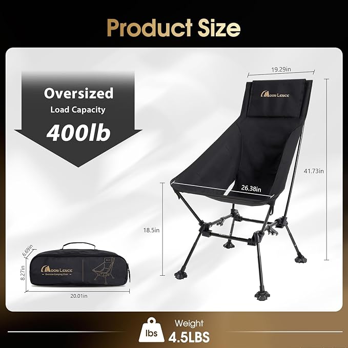 MOON LENCE Oversized High Back Camping Chair for Adults, Height Adjustable Folding Camping Chair with 400 lbs Capacity, Hidden Pillow Pocket and Wide Seat for Camping, Hiking, Picnics, Black