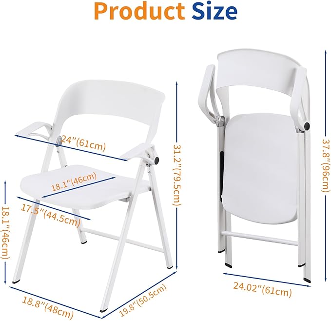 White Office Chair with Arms, Plastic Folding Chairs, Comfort Stackable Dining Chairs,Portable Foldable Chair with Steel Frame for Indoor, Outdoor, Wedding, Party, Lawn, Yard, Beach, 2Pack