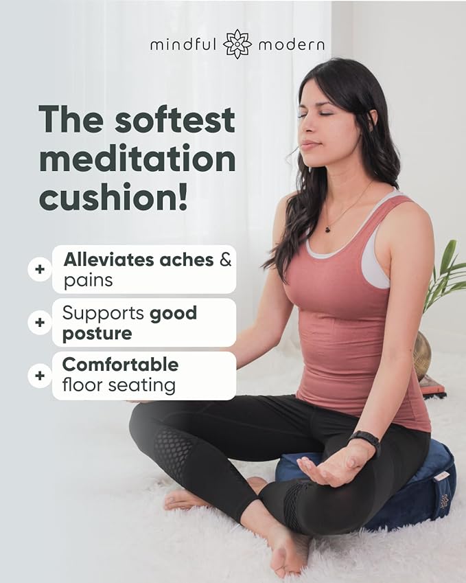 Mindful Modern Velvet Meditation Cushion | Luxe Zafu Yoga Floor Pillow Seat | Posture Support | Buckwheat Hull Filled | Large Round Cushion with Removable Washable Cover + Carry Handle