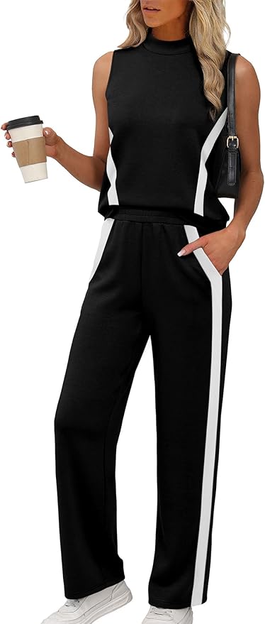 XIEERDUO Two Piece Sets for Women Summer Outfits Travel Mock Neck Lounge Sets Wide Leg Pants Beach Vacation Clothes