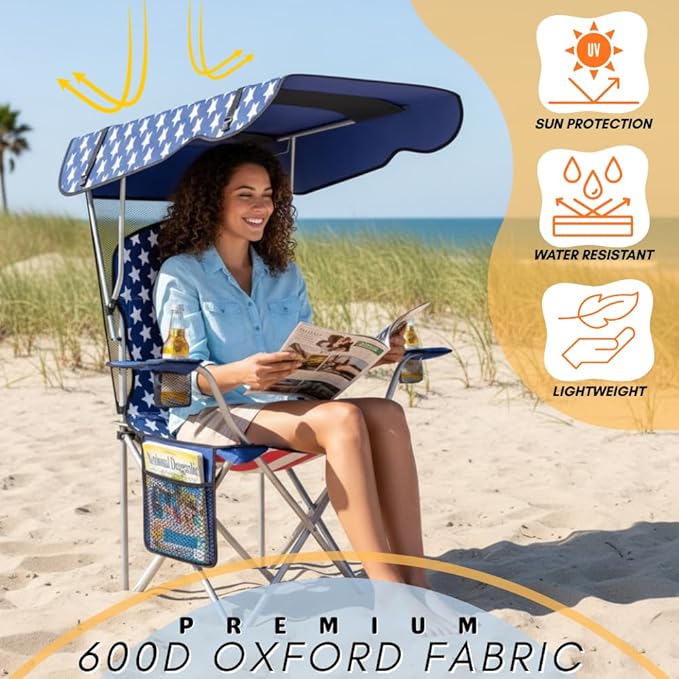 CozyBox Portable Folding Camping Chairs with Canopy Shade, Beach Chair for Adults, Durable Weather Resistant 600D Oxford Cloth, Camping Chair with Canopy for Outdoors [Flag]