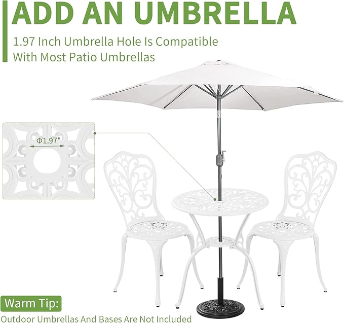Withniture Patio Bistro Set 3 Piece Outdoor, All Weather Patio Furniture Bistro Table and Chairs Set of 2, Cast Alumium Bistro Table Set with Umbrella Hole for Garden Porch (Butterfly, White)